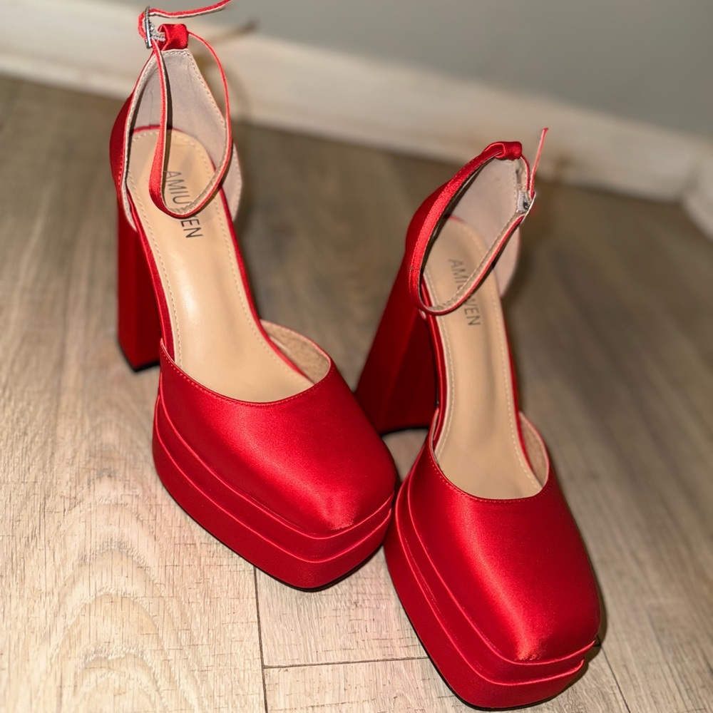Red Platform Shoes with Chunky Heel and Ankle Strap